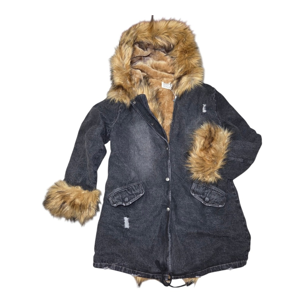Faux Fur Lined Denim Jacket Women L Hooded Coat Distressed Black Wash Grunge Y2K
